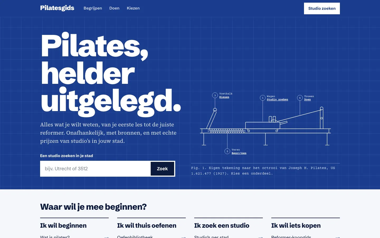 Homepage van Pilatesgids met de kop Pilates, helder uitgelegd, een zoekveld voor studio's per stad en een lijntekening van een reformer