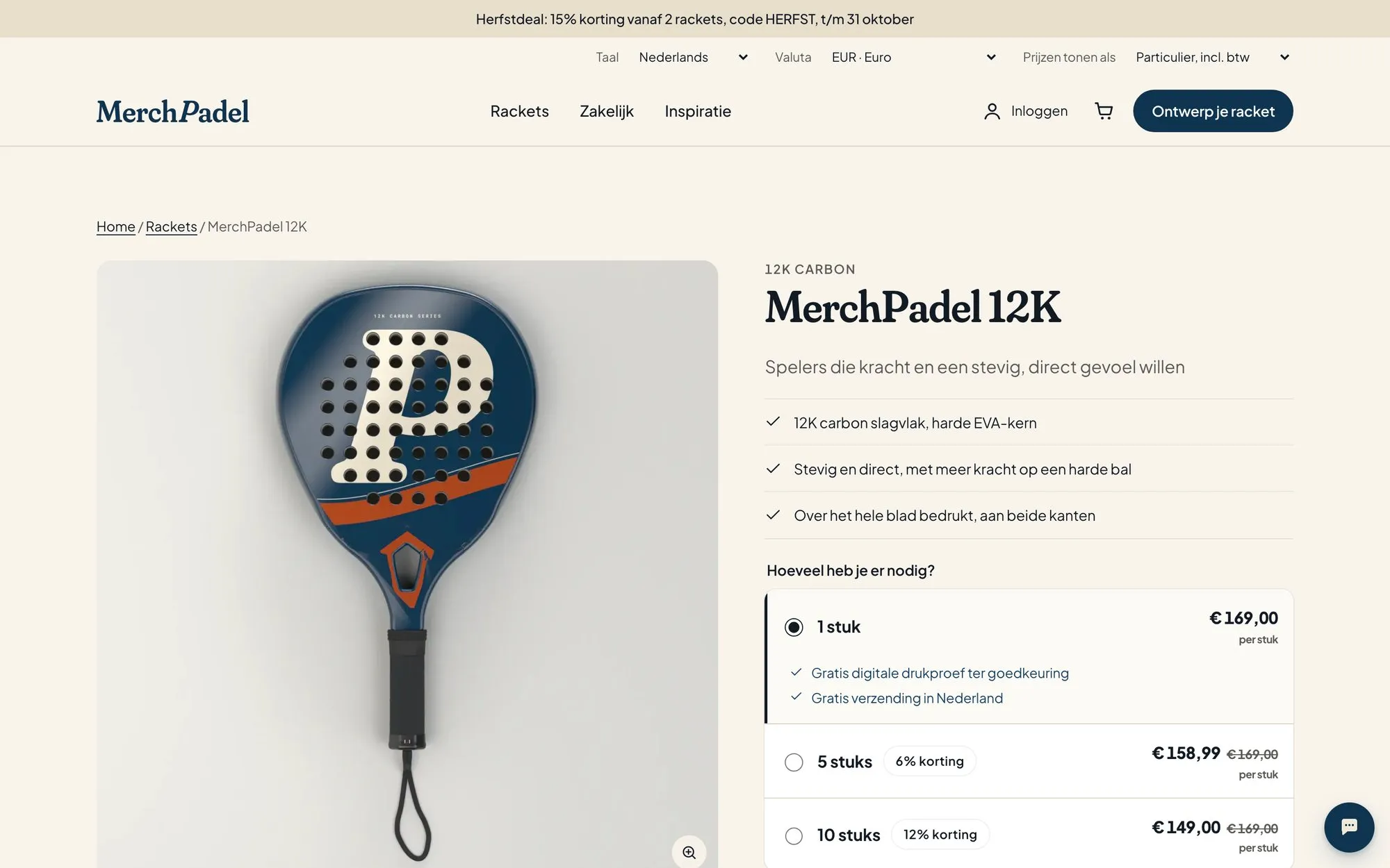 Productpagina van het MerchPadel 12K-racket met staffelprijzen en drukproefbelofte